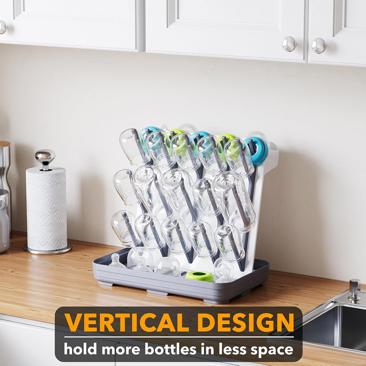 SpaceAid Baby Bottle Drying Rack with 20 Hooks, Space Saving Kitchen Bottles Rack Dryer, Vertical Baby Bottle Holder Organizer for Countertop Storage Accessories (White and Gray)