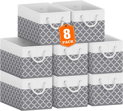 Fab totes Storage Bins, Foldable Storage Baskets for Organizing Toys, Books, Shelves, Closet, Large Storage Box with Rope Handles, Sturdy Organizer Bins, White & Grey