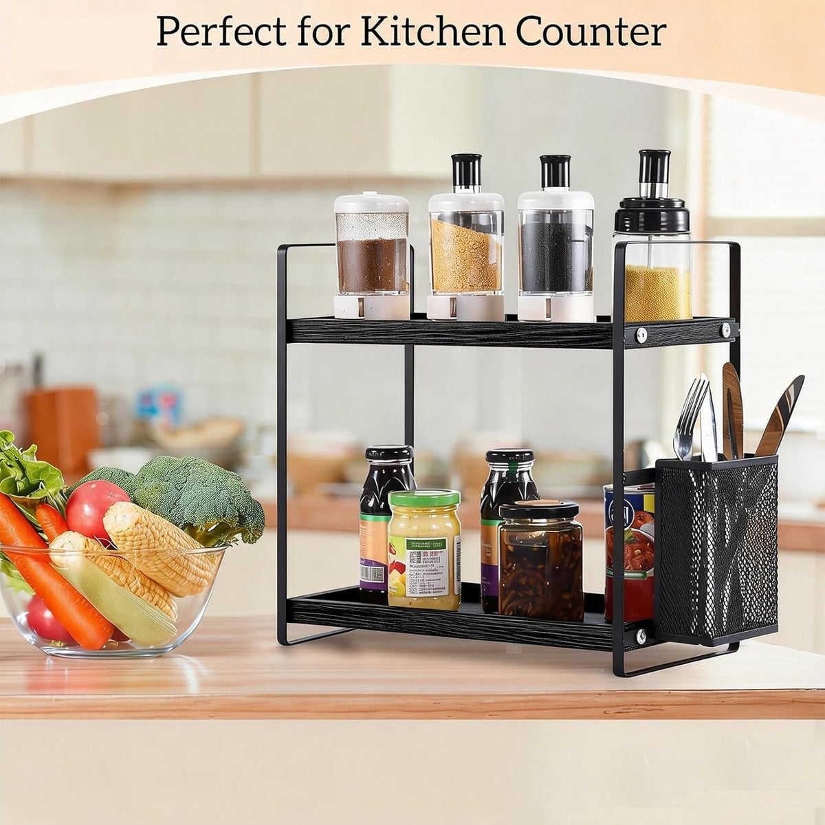 LEMIKKLE 2-Tier Coffee Bar Organizer With Basket,Wooden Counter Shelf for Coffee Bar Accessories,Kitchen Spice Rack Organizer for Countertop-Brown