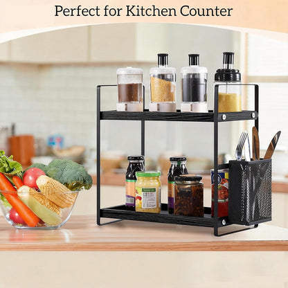 LEMIKKLE 2-Tier Coffee Bar Organizer With Basket,Wooden Counter Shelf for Coffee Bar Accessories,Kitchen Spice Rack Organizer for Countertop-Brown