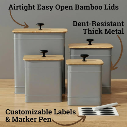 Kitchen Canisters for Countertop Set of 4 with Customizable Chalkboard Labels & Marker Pen - Big Iron Kitchen Canisters with Airtight Lids - Black Canister Set - Flour and Sugar Containers Farmhouse
