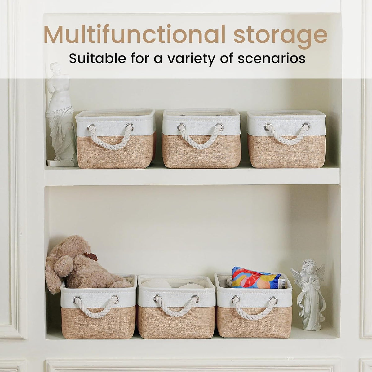 Large Storage Baskets- 15.7x11.8x8.26 inch Storage Bins for Shelves and Closet Organizing, Foldable Fabric Bin for Home Organization Clothes and Laundry (3-Pack, White&Khaki)