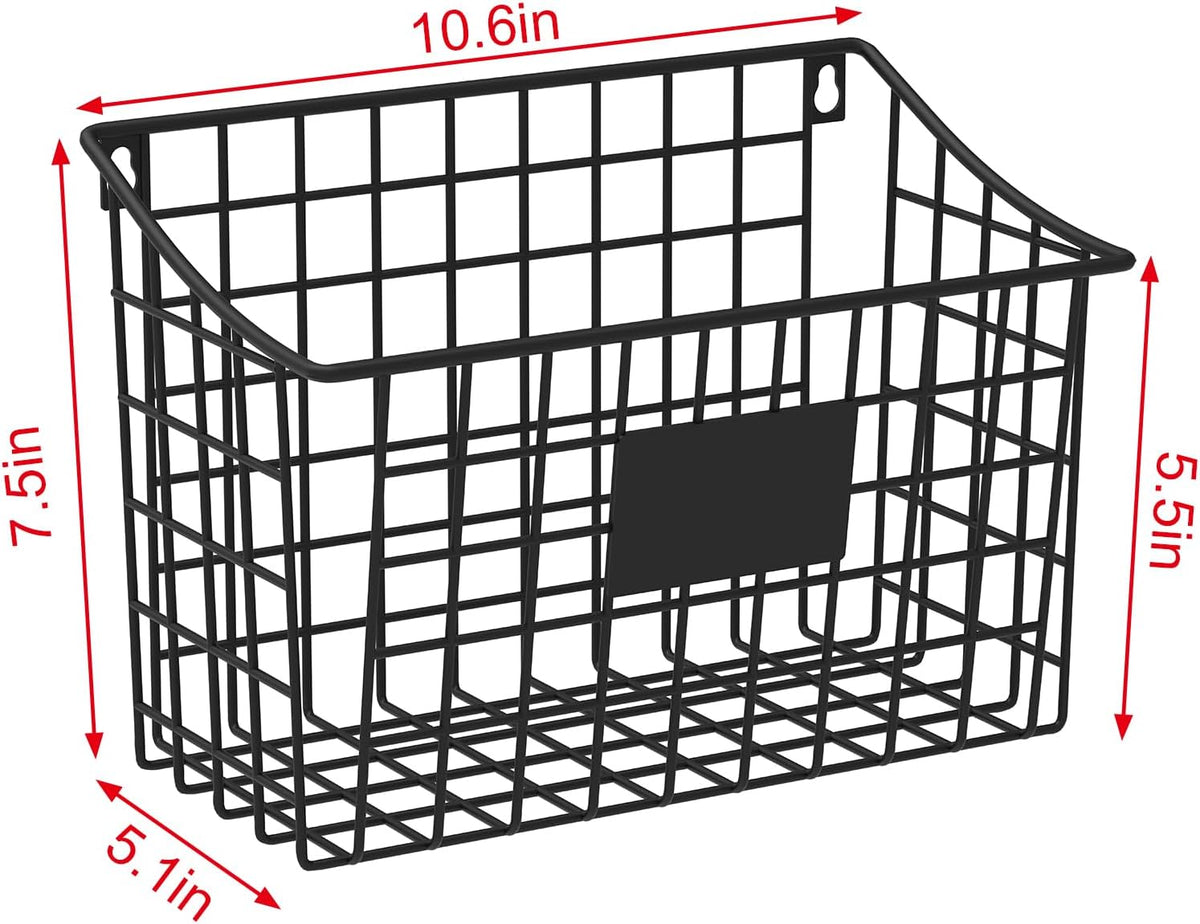 Wall Mounted Bin Basket with 5 Hooks 3 Label Plate Adhesive-3 Pack, Cabinet Hanging Metal Wire Basket,Rustic Farmhouse Decor, Storage Organization Shelf for Pantry Kitchen Bathroom 10.6*7.5*5.1inch