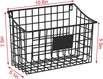 Wall Mounted Bin Basket with 5 Hooks 3 Label Plate Adhesive-3 Pack, Cabinet Hanging Metal Wire Basket,Rustic Farmhouse Decor, Storage Organization Shelf for Pantry Kitchen Bathroom 10.6*7.5*5.1inch