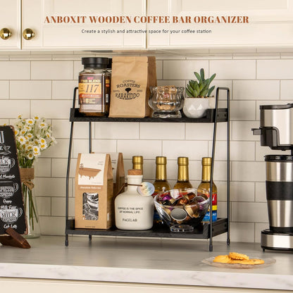 ANBOXIT Countertop Coffee Station Organizer, 2 Tier Wooden Shelf for Coffee Bar Accessories, Condiment Storage Caddy for Kitchen, Home, Office - Brown