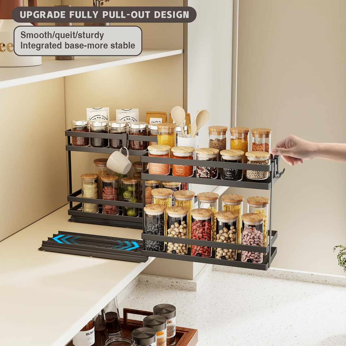 Magheo Pull Out Spice Rack Organizer for Cabinet, Metal Seasoning Organizer Slide Out Spice Storage Shelf No Assembly Vertical Spice Rack Pullout for Kitchen & Bahthroom No Drill(2 Tier,Black)