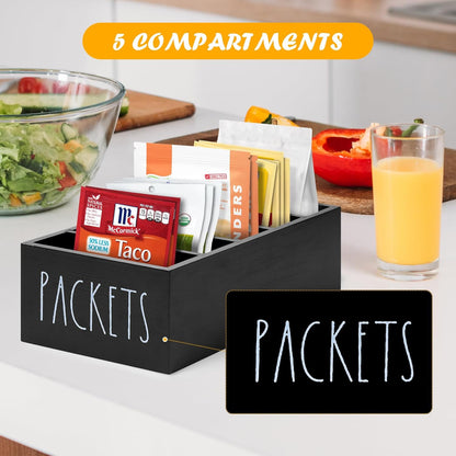 Seasoning Packet Organizer, Spice Packet Storage Organizer with 5 Compartments, Wooden Food Packet Organizer, Caddy Storage for Kitchen Pantry Cabinet, Modern Kitchen Organization Bins(Black)