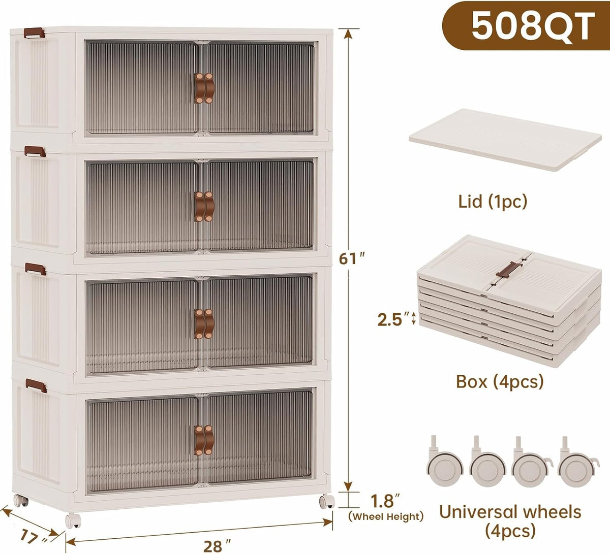 SAILUN 145Gal/580Qt Stackable Storage Bins Folding Collapsible Storage Bins with a Lid, Closet Organizers and Storage,White 26" W x 17" D x 71" H