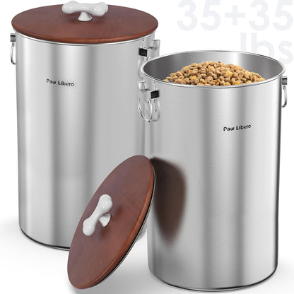 Paw Libero 35 Lbs Stainless Steel Dog Food Storage Container with Airtight Wooden Lid & Ceramic Bone Handle, Large Metal Dog Food Bin, Pet Treat Jars for Dogs & Cats, Keep Fresh, Easy to Clean
