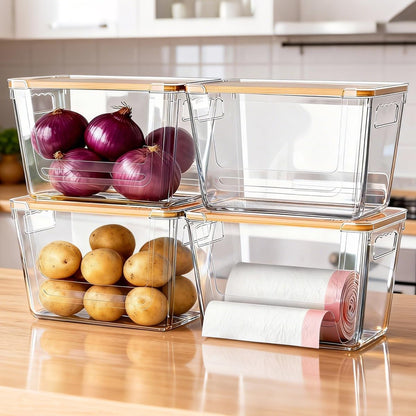 4 Pack Clear Storage Bins with Bamboo Lid, Garbage Bag Dispenser, Pantry Organizers and Storage for Onion Potato, Under Sink Organizer for Kitchen Laundry Room