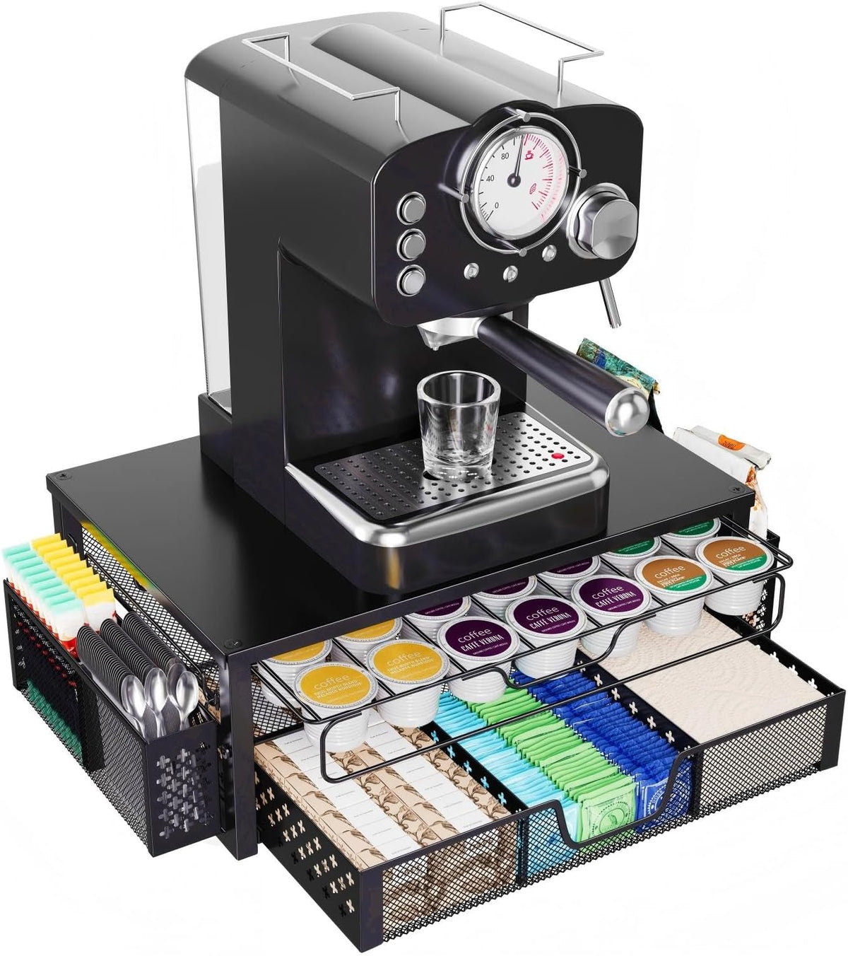 Ekisemio K Cup Organizer, Coffee Pod Holder for Counter with 2 Tier Sliding Storage Drawer & Hanging Baskets, Holds 63 Large or 80 Small Capsules for Coffee Bar, Black