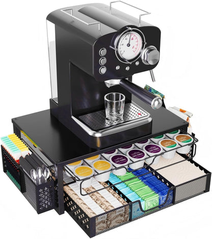 Ekisemio K Cup Organizer, Coffee Pod Holder for Counter with 2 Tier Sliding Storage Drawer & Hanging Baskets, Holds 63 Large or 80 Small Capsules for Coffee Bar, Black