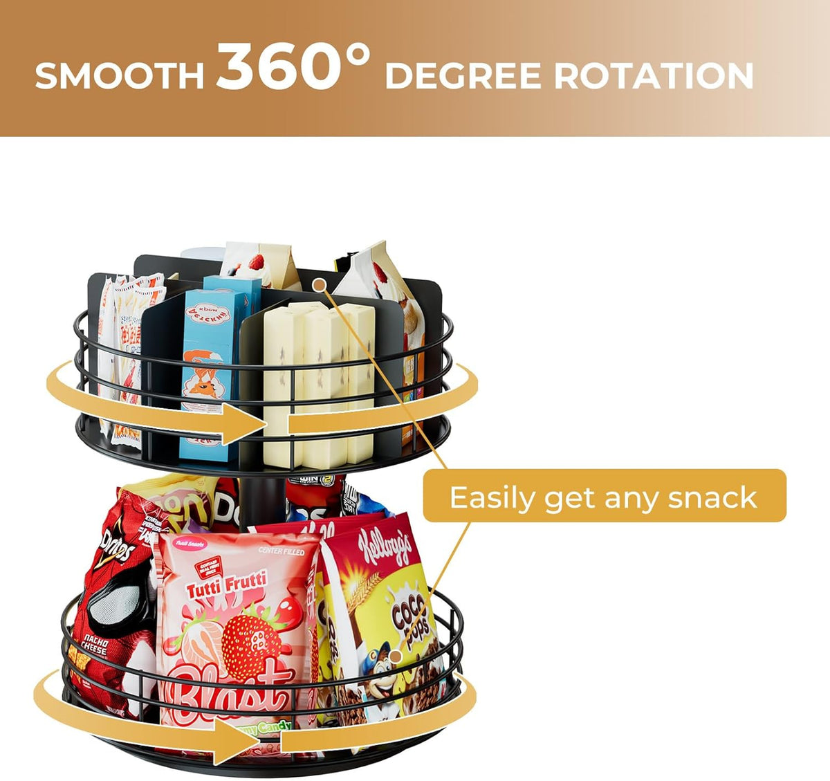 Snack Organizer - Versatile Snack Storage 2 Tier Lazy Susan with Convenient Grab-and-Go Design, Wood and Metal Snack Holder for Home, Office, Breakroom, 12.13" L x 12.13" W x 12.56" H