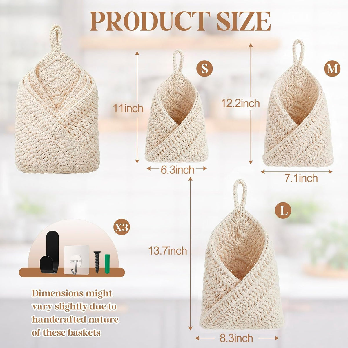 Honeydak Boho Decor Hanging Wall Baskets for Kitchen 3 Pack Teardrop Baskets with Hooks Storage Fruit Onion Vegetable Potato for Home 3 Sizes(Linen,Teardrop,Jute)