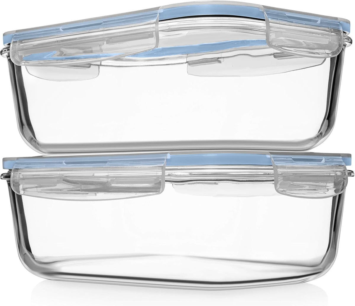 8 Cups/ 63 Oz 4 Piece (2 containers + 2 Lids) Large Glass Food Storage/ Baking Containers with Locking Lids . Ideal for Storing food, vegetables or fruits. BPA Free & Leak Proof -Microwave, Oven Safe