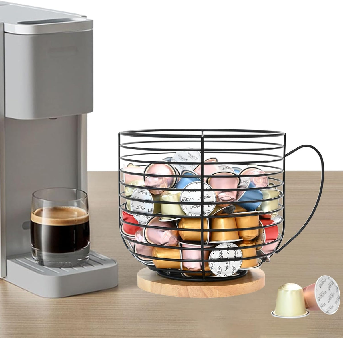 BYTEAIDREX Coffee Pod Holders for Counter - K Cup Holders for Counter - Coffee Pods Storage Organizer - Bar Accessories - Large Capacity Black Wire Kup Storage with Wooden Base.