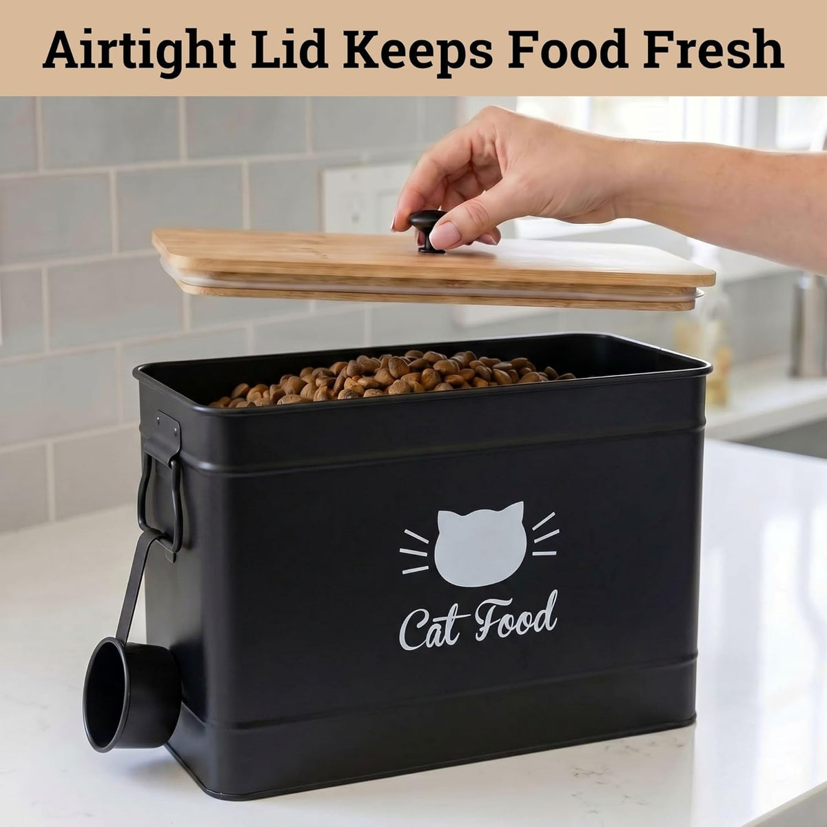 Cat Food Storage Container with Scoop - 15 lb (50 Cup) Capacity Metal Cat Food Container with Airtight Bamboo Lid & Metal Scoop - Airtight Pet Food Storage Containers - 15 lb Treats & Kibble Container