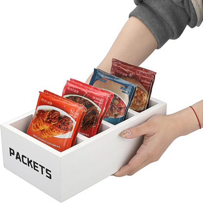 BSTKEY Seasoning Packet Organizer, Food Packet Storage Organizer with 4 Compartments, Wooden Storage Caddy for Kitchen Pantry Cabinet, Farmhouse Kitchen Organization Bin for Snacks Spice Packets