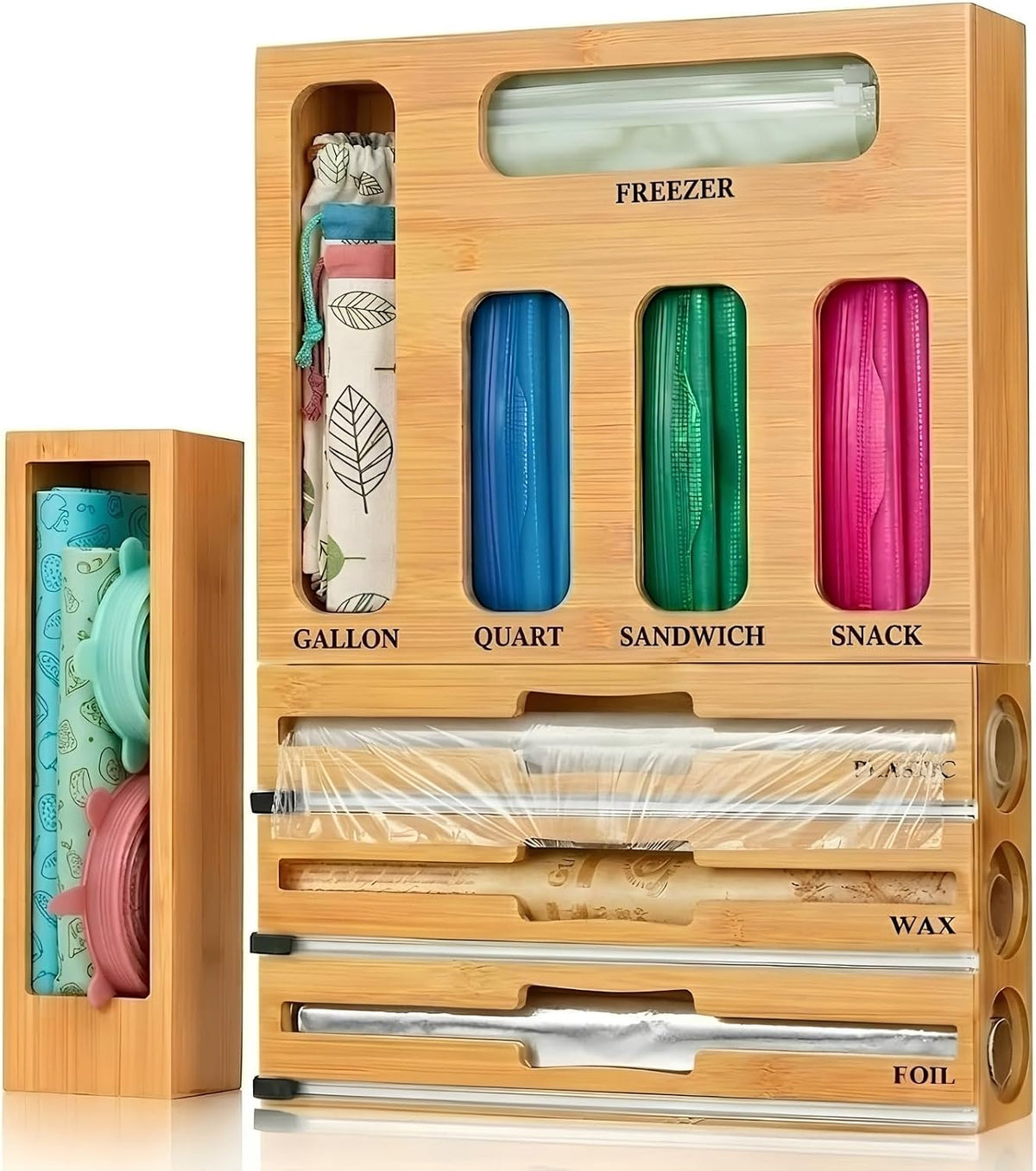 9 IN 1 Storage Bag Organizer for Kitchen Drawer, Bamboo Foil and Plastic Wrap with Cutter, Ziplock Bag Organizer for Gallon, Quart, Sandwich & Snack Bags - Aluminum Foil Organizer