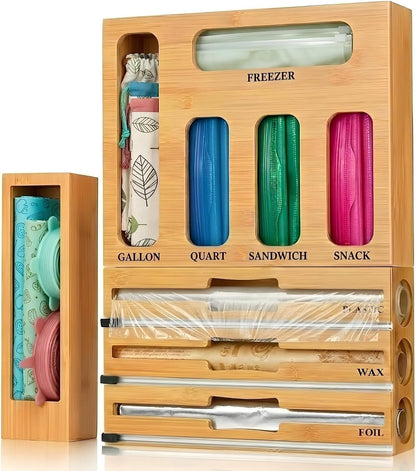 9 IN 1 Storage Bag Organizer for Kitchen Drawer, Bamboo Foil and Plastic Wrap with Cutter, Ziplock Bag Organizer for Gallon, Quart, Sandwich & Snack Bags - Aluminum Foil Organizer