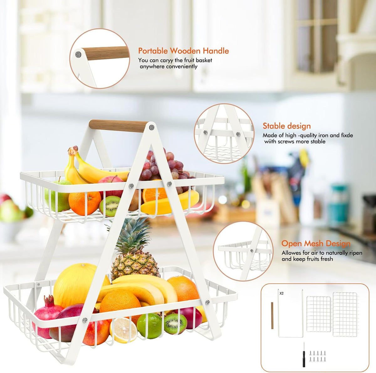mahueeol 2 Tier Countertop Fruit Basket,Portable Fruit Bowle for Kitchen Organizer Storage & Dining Room Fruits Vegetable Bread Snacks, Detachable Metal Rectangle Basket Storage