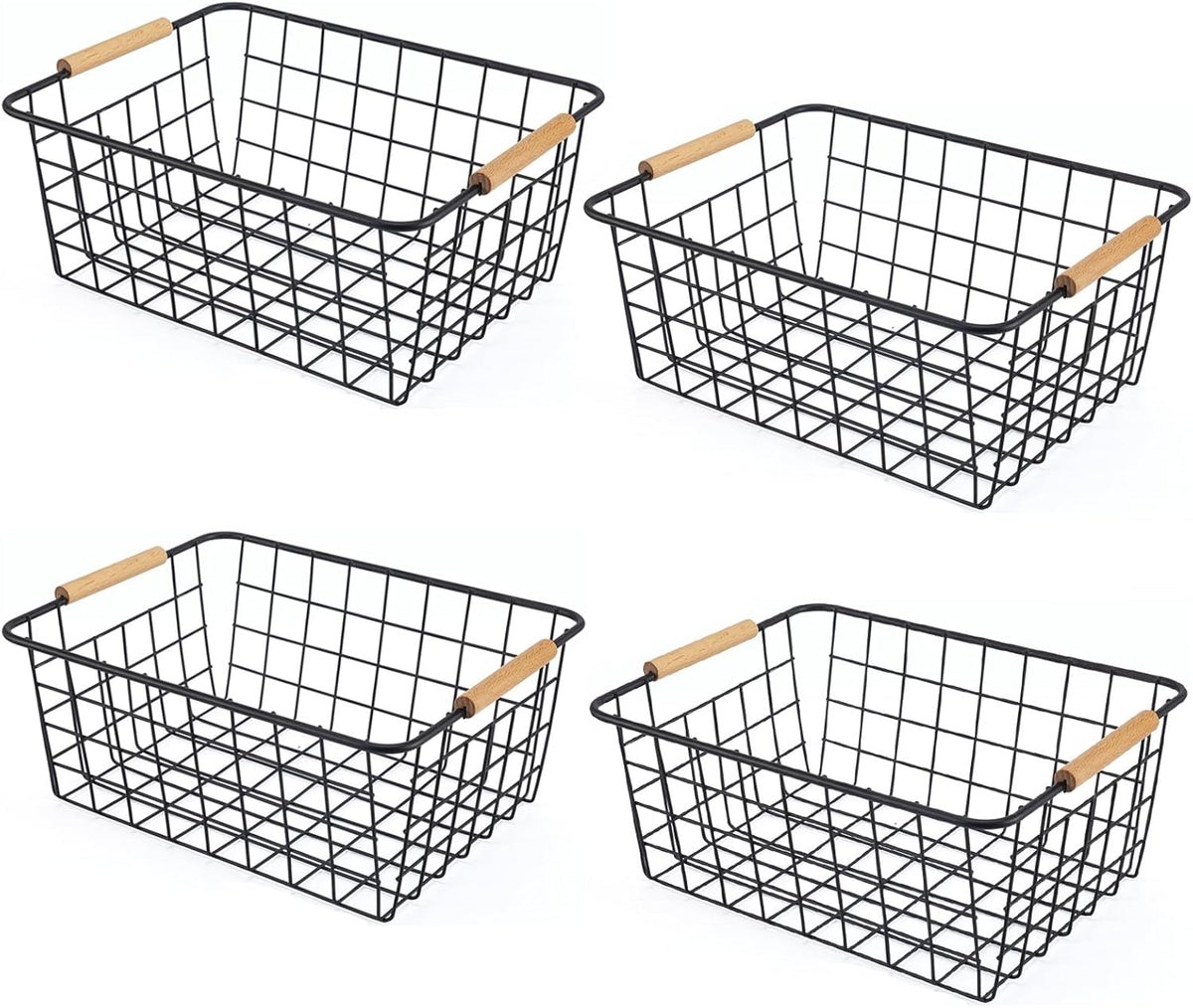 Black Wire Storage Baskets with Wooden Handles - Organizing Pantry and Kitchen Cabinets - Metal Wire Food Storage Basket