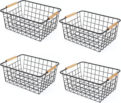 Black Wire Storage Baskets with Wooden Handles - Organizing Pantry and Kitchen Cabinets - Metal Wire Food Storage Basket