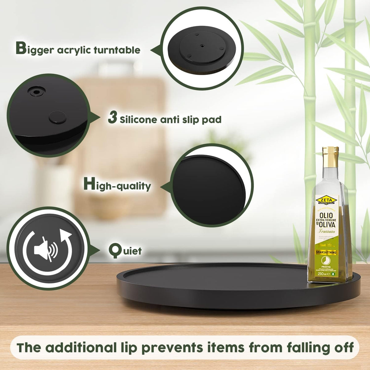 Lazy Susan Organizer, 10 Inch Non-Skid Bamboo Turntable Organizer for Salt Pepper Olive Oil and Spices Next to Stove, Wooden Lazy Susan for Table or Kitchen Countertop Organizer