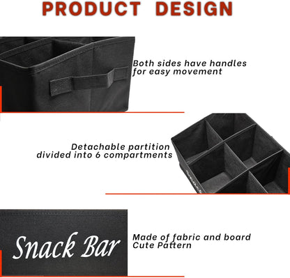 Snack Bar Organizer for Countertop,Black Fabric Snack Basket with Handles,6 Compartment Open Top Snack Bin for Kitchen Counter,Pantry,Snacks & Party Treats