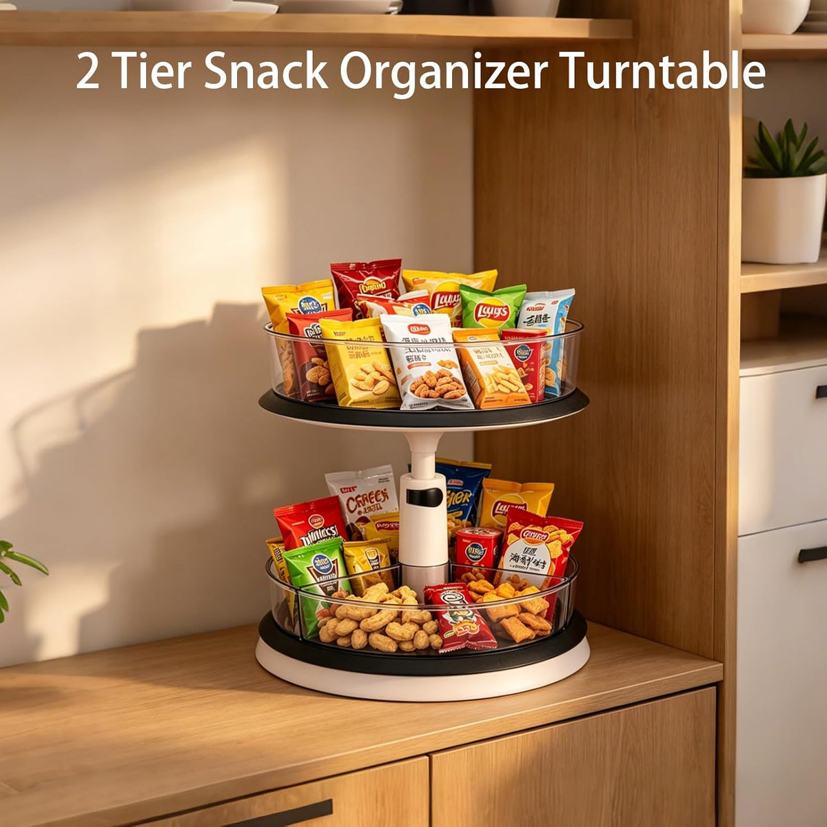 2 Tier Snack Organizer Turntable, Adjustable Height Gray Snack Rack, Removable Dividers Snack Storage Cabinet with Convenient Grab-and-Go Design for Kitchen & Living Room