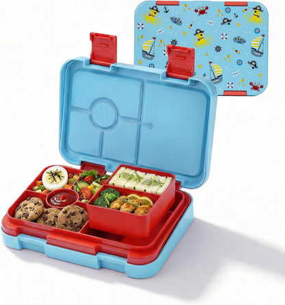 Bento Lunch Box for Kids, 6 Compartments BPA Free, Dishwasher Safe Back to School Snack Bento Lunch Containers Boxes, Ideal Portion Sizes for On-the-Go Meal, Ages 3+, School, Green Patterned