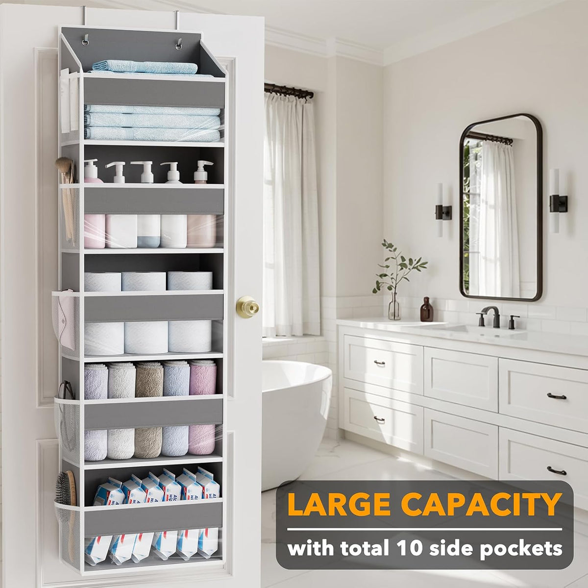 SpaceAid Over The Door Organizer with 5 Large Pockets and 10 Mesh Side Pockets, 5 Layers Door Organizer Hanging with Clear Window for Bedroom, Bathroom, Pantry and Nursery, Gray