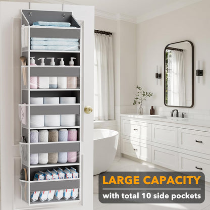 SpaceAid Over The Door Organizer with 5 Large Pockets and 10 Mesh Side Pockets, 5 Layers Door Organizer Hanging with Clear Window for Bedroom, Bathroom, Pantry and Nursery, Gray