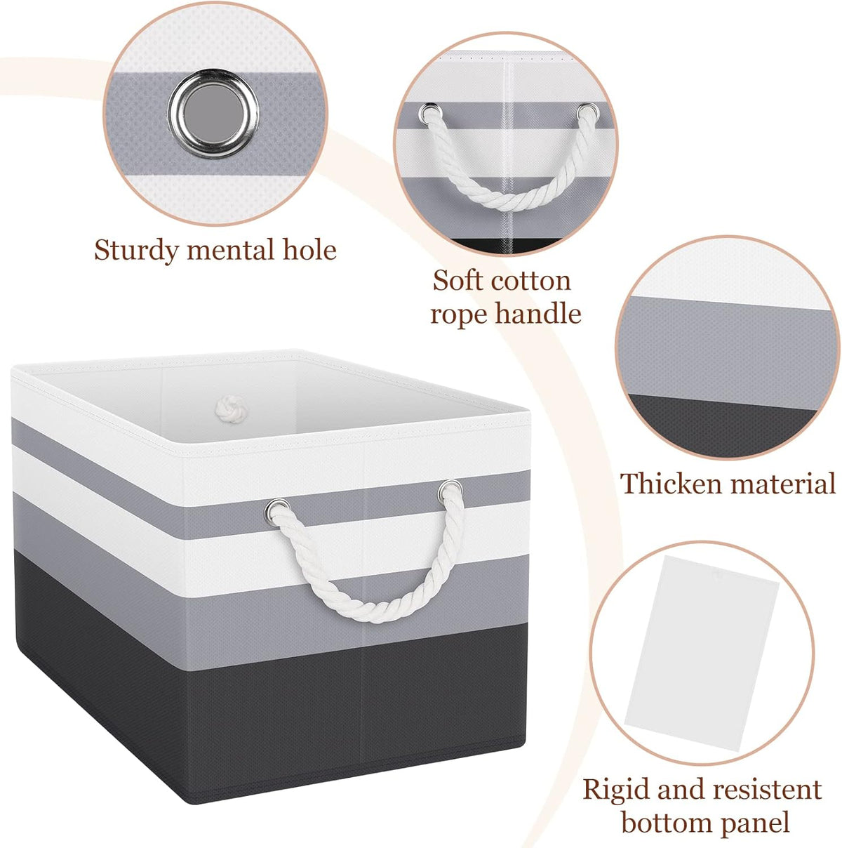 Fab totes Storage Bins, Foldable Storage Baskets for Organizing Toys, Books, Shelves, Closet, Large Storage Box with Rope Handles, Sturdy Organizer Bins, White & Grey