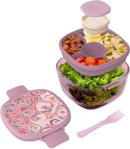 Bentgo Glass Prints Salad Container - 7.6-Cup Tinted Glass Salad Bowl with Airtight Lid, Leak-Proof Sauce Container, 4-Compartment Bento Meal Prep Tray & Reusable Fork (Floral Maximalist - Sea)
