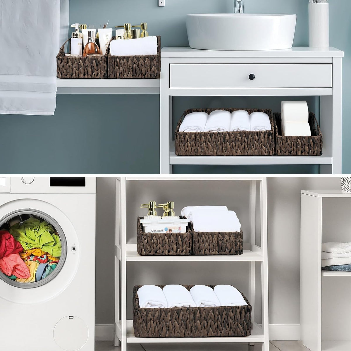 Rattan Storage Baskets, Handwoven Wicker Storage Bins with Built-in Handles, Storage Container Baskets for Shelves, Bedroom, Bathroom, Laundry Room or Kitchen(Natural)