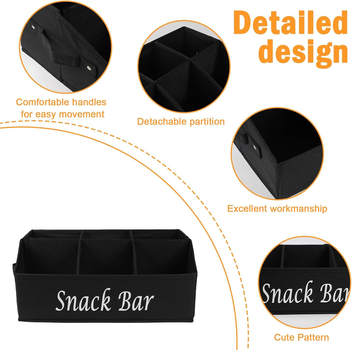 Snack Organizer with Snack Bag, Fabric Snack Basket with Handles, 6 Compartments Snack Container Storage, Clear Snack Bag for Travel Waterproof, Kitchen Pantry Organizer and Storage - Black