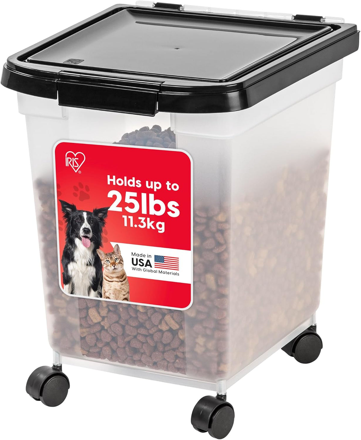 IRIS USA Airtight Dog Food Storage Container, WeatherPro, Up to 50 lbs, Removable Wheels, for Dog Cat Bird and Other Pet Food Storage Bin, Keep Fresh, Translucent Body, Made in USA, Clear/Gray