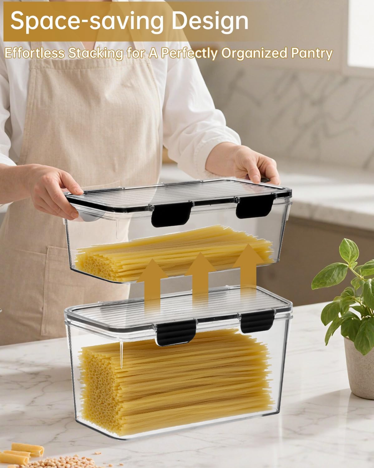 EORTA Set of 2 Spaghetti Pasta Storage Container with Lid, (3.6L/2.8L) Clear Kitchen Pantry Organizer for Noodles, Flour & Dry Food, Plastic Canisters Keeper Box with Black Cover, Size M/L (Black)