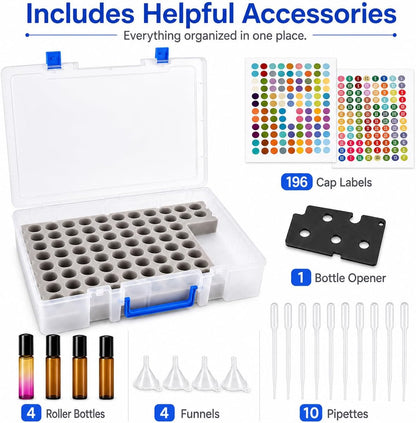 ALCYON Essential Oil Storage Case for 75 Bottles, Clear Plastic Organizer Box for 5ml 10ml 15ml Bottles, Essential Oils Bottle Holder with Removable Foam Insert, Stickers, Opener, Funnels & Pipettes