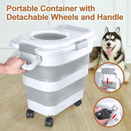Dog Food Storage Container，10-25 lbs Airtight Collapsible Cat Food Storage Container with Attachable Wheels, Portable Handle, Dog Food Scoop for Dog Cat Bird Pet Dry Food Storage Bin Dark Grey