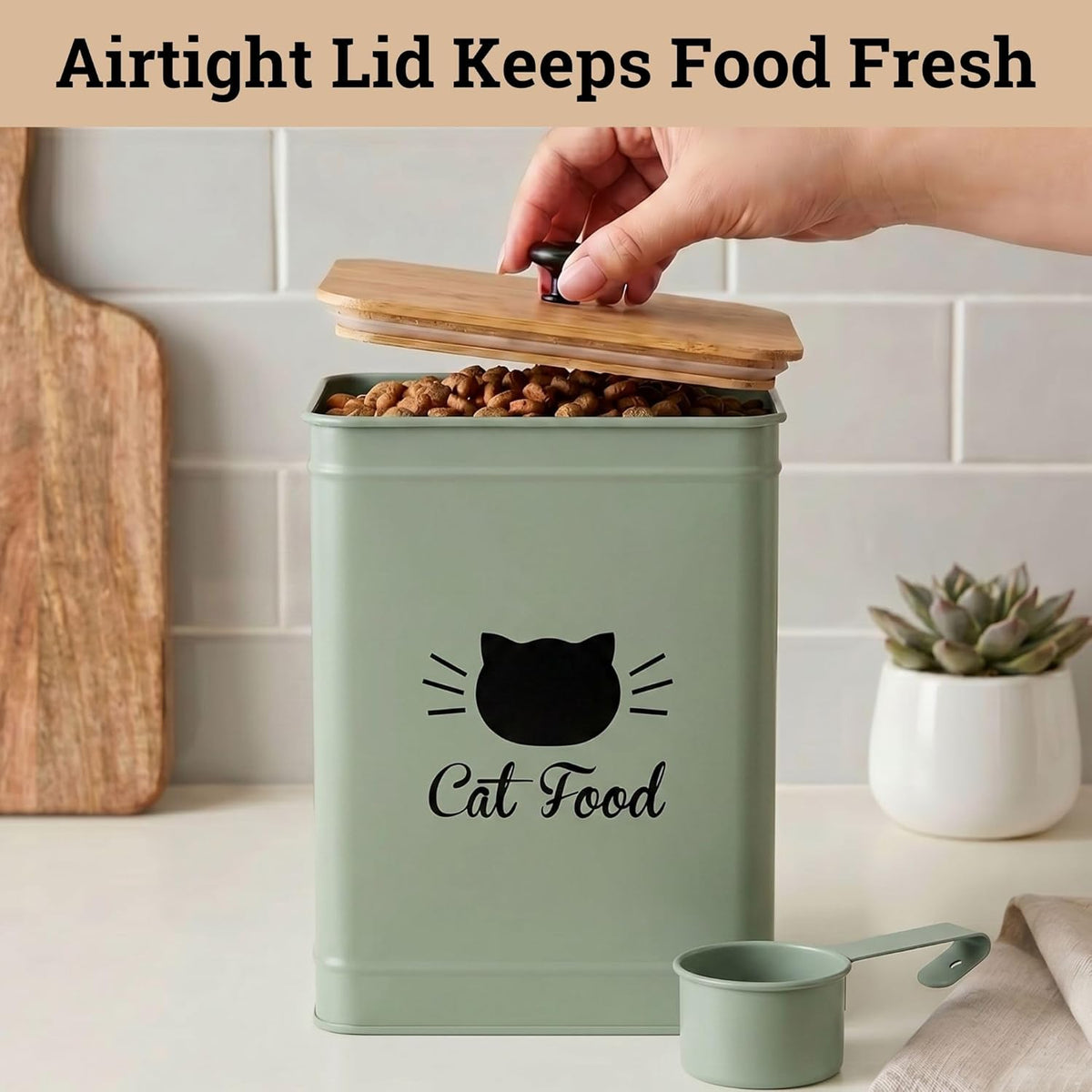 Cat Food Storage Container with Scoop - 5-7 lb (25 Cup) Capacity Metal Cat Food Container with Airtight Bamboo Lid and Metal Scoop - Airtight Pet Food Storage Containers 5 lb - 7 lb Kibble Container