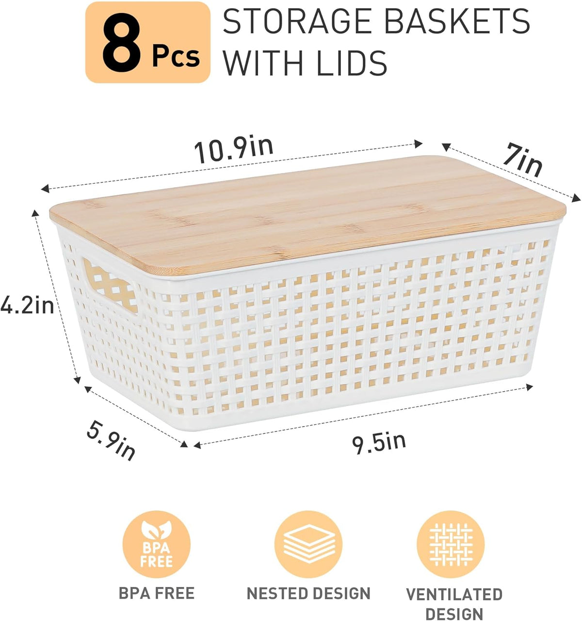 Small Storage Bins with Lids 6 Packs, Plastic Storage Basket with Bamboo Lid for Pantry Organization and Storage Containers for Shelves Drawers Desktop Closet Playroom Office Home, White
