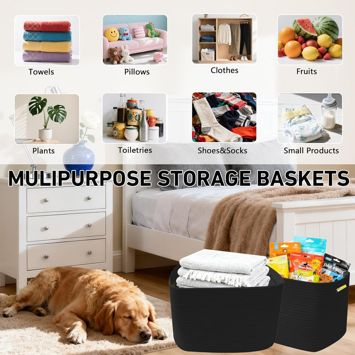 3 Pack Woven Rope Storage Baskets for Shelves,13.5"×11"×9.5" Storage Bins with Handles,Empty Gift Baskets,Nursery Organizer for Toys,Towels,Books,Closet,Living Room,Bedroom (White & Brown)