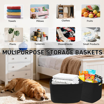 3 Pack Woven Rope Storage Baskets for Shelves,13.5"×11"×9.5" Storage Bins with Handles,Empty Gift Baskets,Nursery Organizer for Toys,Towels,Books,Closet,Living Room,Bedroom (White & Brown)