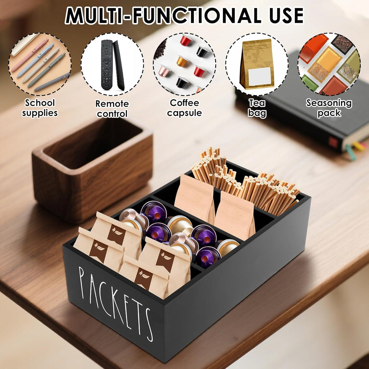 Wooden Seasoning Packet Organizer with 4 Compartments,10.63×5.51×3.15 inch Food Packet Storage Organizer Spice Holder with Dividers, Seasoning Storage Bins for Kitchen Pantry Cabinet Countertop(Black)