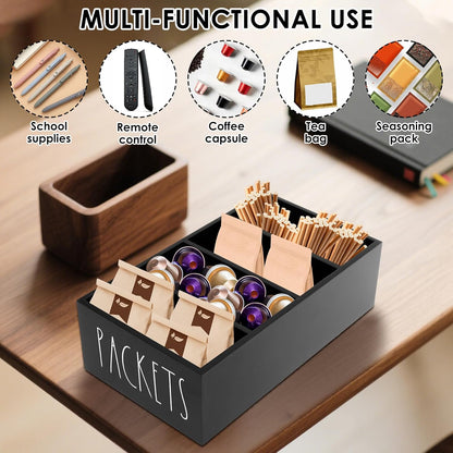 Wooden Seasoning Packet Organizer with 4 Compartments,10.63×5.51×3.15 inch Food Packet Storage Organizer Spice Holder with Dividers, Seasoning Storage Bins for Kitchen Pantry Cabinet Countertop(Black)