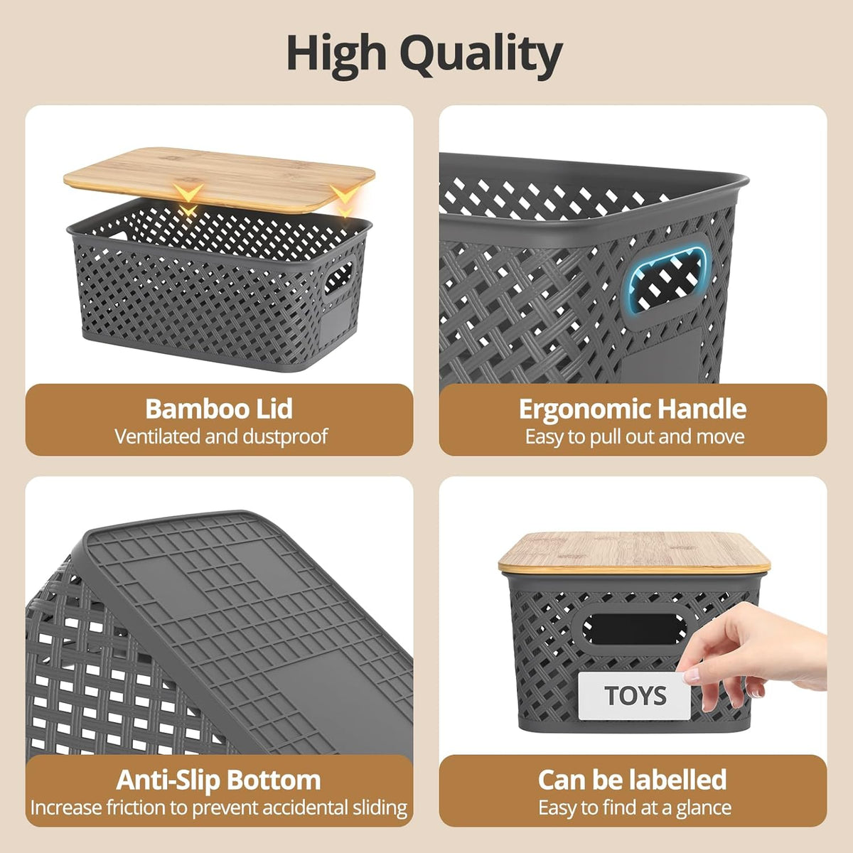 Plastic Storage Bins with Bamboo Lids, Stackable Small Box Baskets for Organizing and Containers for Shelves Drawers Desktop Closet Pantry Classroom Office Home, 6 Pack 10.2x7.2x4.1 Inch, Black