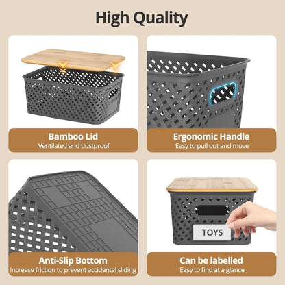 Plastic Storage Bins with Bamboo Lids, Stackable Small Box Baskets for Organizing and Containers for Shelves Drawers Desktop Closet Pantry Classroom Office Home, 6 Pack 10.2x7.2x4.1 Inch, Black