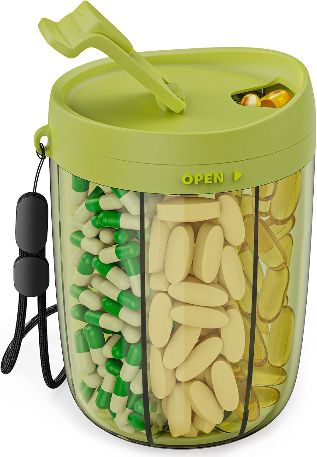 PULIV Large Pill Bottle Organizer for Holding 6 Various Vitamins without Filling Hassle, Supplement Organizer for Travel, Anti-Mixing Pill Box Case with Wide Opening for Easy Pill Retrieval, 20 Labels